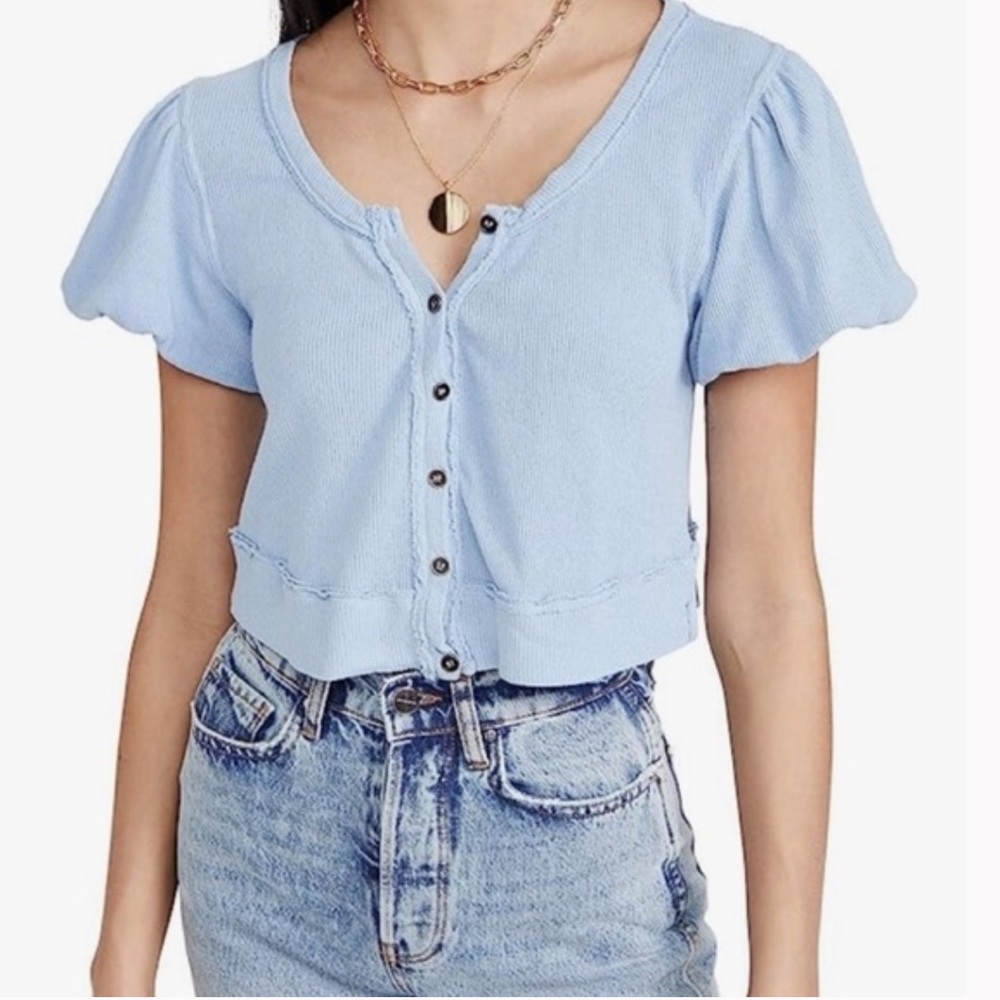 We The Free Sky Blue Button-Up Crop Top